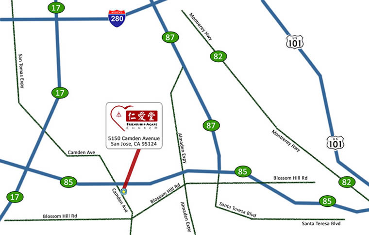 Map to Friendship Agape Church (5150 Camden Ave, San Jose, CA)